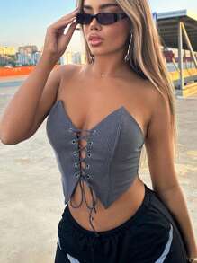 SHEIN X Doris Jocelyn SHEIN ICON 前繫帶抹胸上衣 - 灰色 - 查看 4