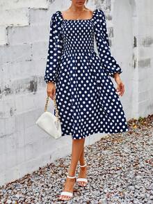 SHEIN Frenchy 波卡圓點方領燈籠袖連衣裙 - 彩色 - 查看 7