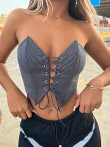 SHEIN X Doris Jocelyn SHEIN ICON 前繫帶抹胸上衣 - 灰色 - 查看 3