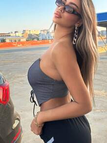SHEIN X Doris Jocelyn SHEIN ICON 前繫帶抹胸上衣 - 灰色 - 查看 6