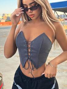 SHEIN X Doris Jocelyn SHEIN ICON 前繫帶抹胸上衣 - 灰色 - 查看 9