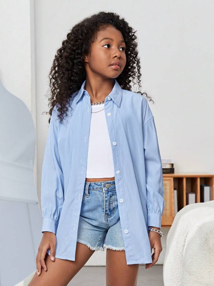 SHEIN Tween Girl 1pc Striped Print Drop Shoulder Shirt - Blue - View 4