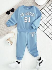 SHEIN Chàng trai trẻ Đồ họa Chữ cái Áo len & Quần nỉ - Màu xanh nhạt - Xem 1
