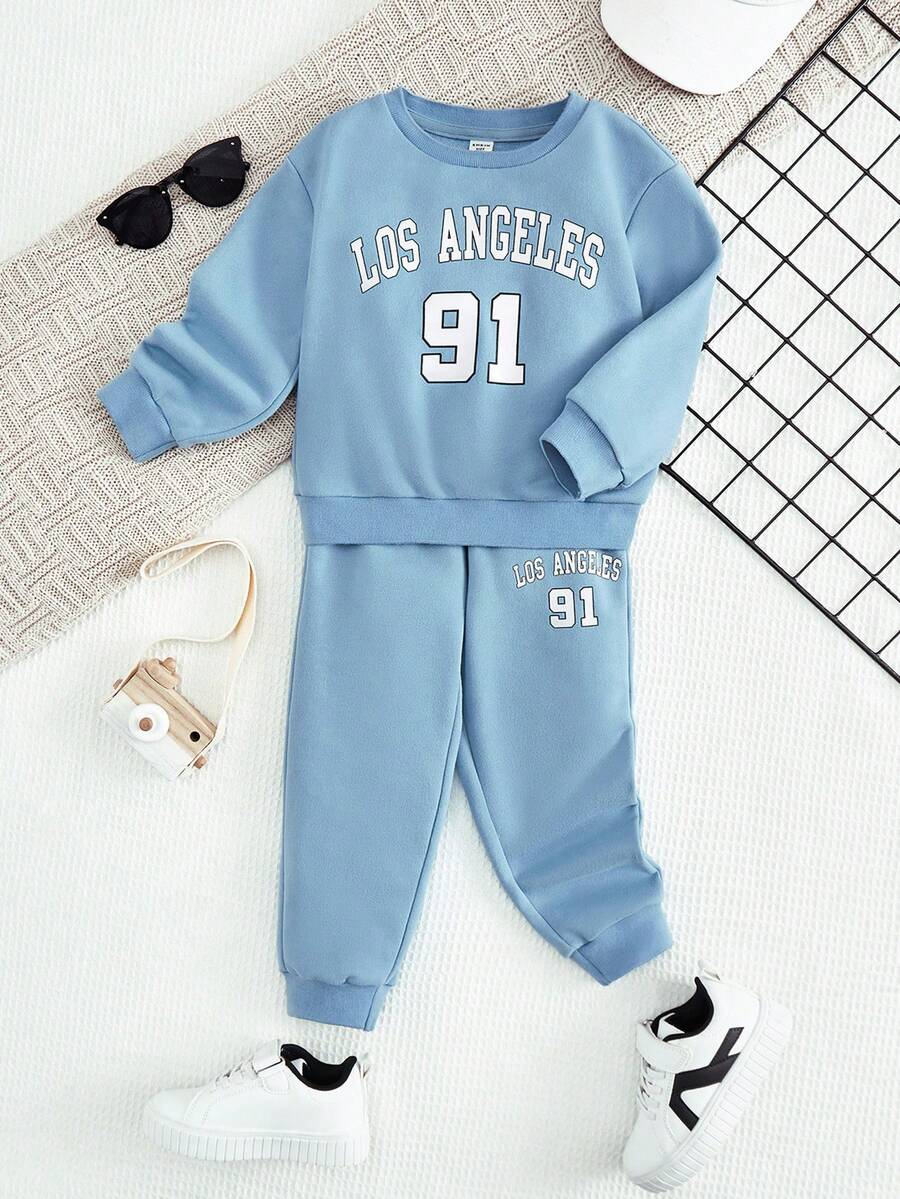 SHEIN Chàng trai trẻ Đồ họa Chữ cái Áo len & Quần nỉ - Màu xanh nhạt - Xem 1