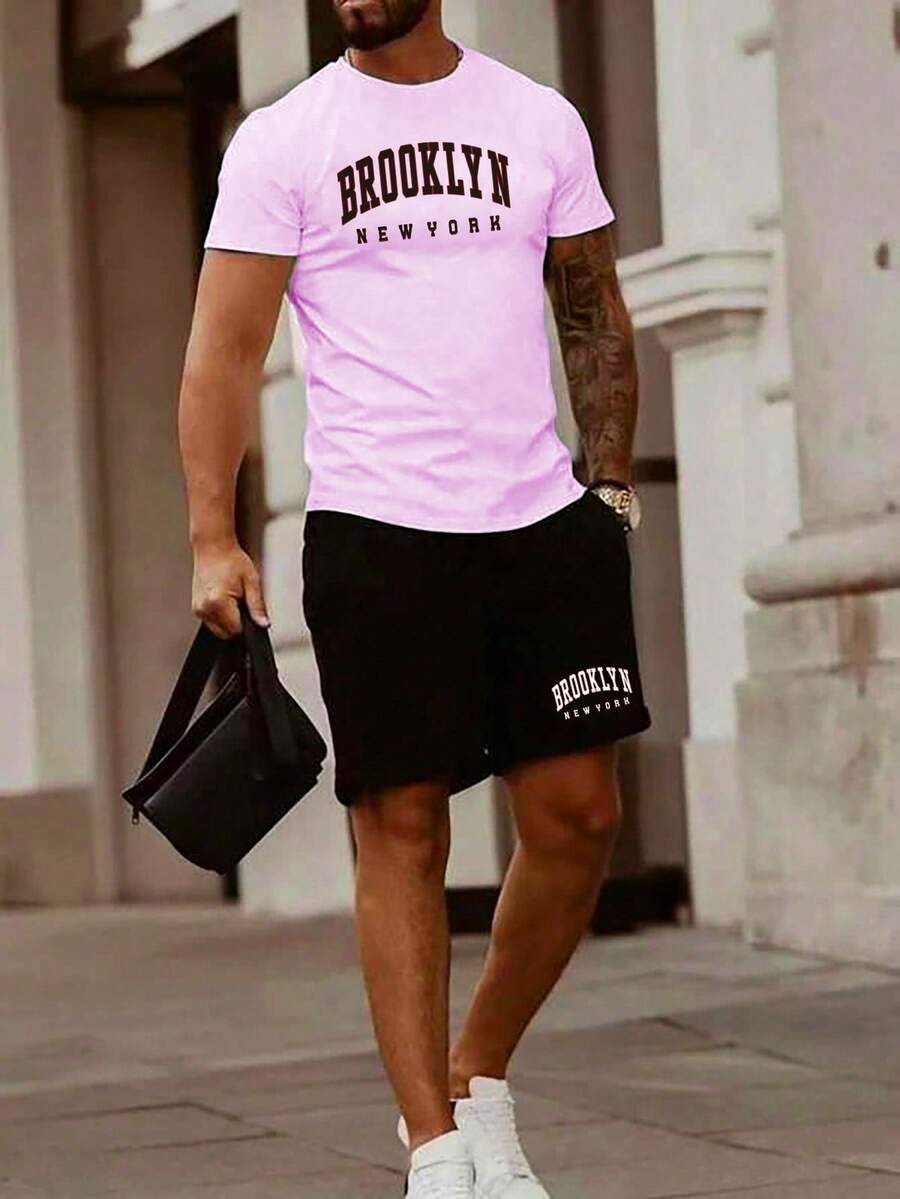 Aesthetic Post--Men Plus Letter Graphic Tee & Drawstring Waist Shorts - Multicolor - View 1