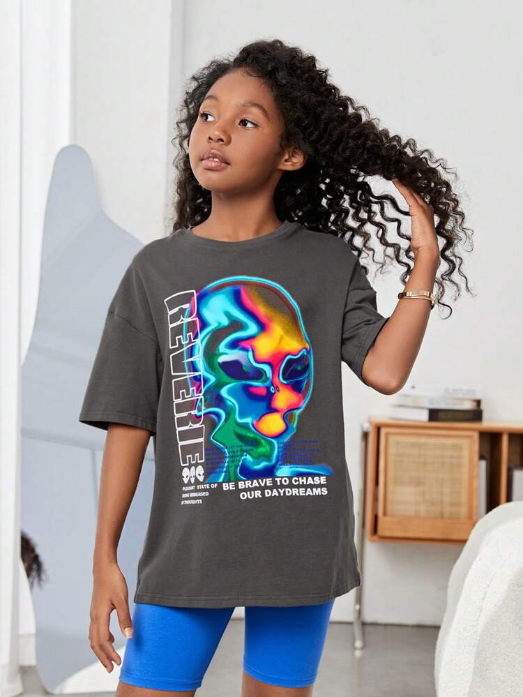 Tween Girl Slogan & Alien Print Drop Shoulder Tee
