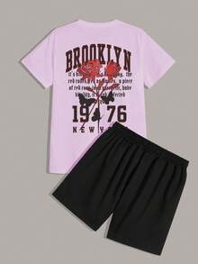 Aesthetic Post--Men Plus Letter Graphic Tee & Drawstring Waist Shorts - Multicolor - View 2