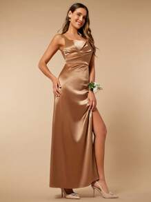 SHEIN Belle 高衩緞面伴娘連衣裙 - 摩卡棕 - 查看 7