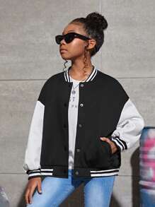 SHEIN 女大童休閒針織撞色搖粒絨寬鬆夾克帶圖案圖案,秋冬 - 黑與白 - 查看 3