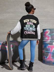 SHEIN 女大童休閒針織撞色搖粒絨寬鬆夾克帶圖案圖案,秋冬 - 黑與白 - 查看 4