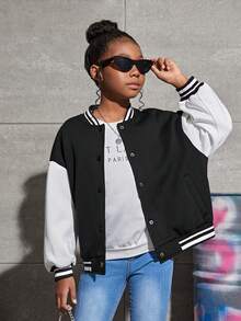 SHEIN 女大童休閒針織撞色搖粒絨寬鬆夾克帶圖案圖案,秋冬 - 黑與白 - 查看 5