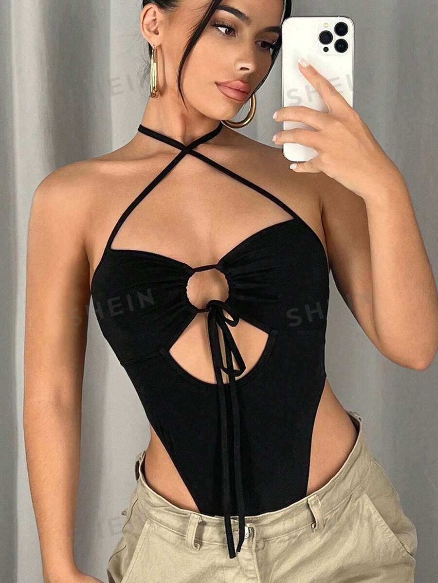 SHEIN ICON Body con abertura con cordón delantero de cuello halter de espalda abierta