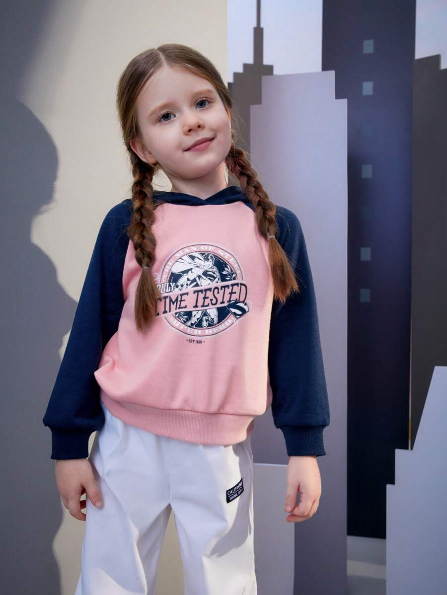 SUPERMAN X SHEIN 休閒撞色 字母女童（小）衛衣 - 淺粉色 - 查看 1