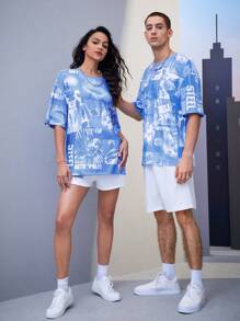 SUPERMAN X SHEIN 1 pieza Camiseta de hombros caídos con estampado de letra - Azul y blanco - Ver 5