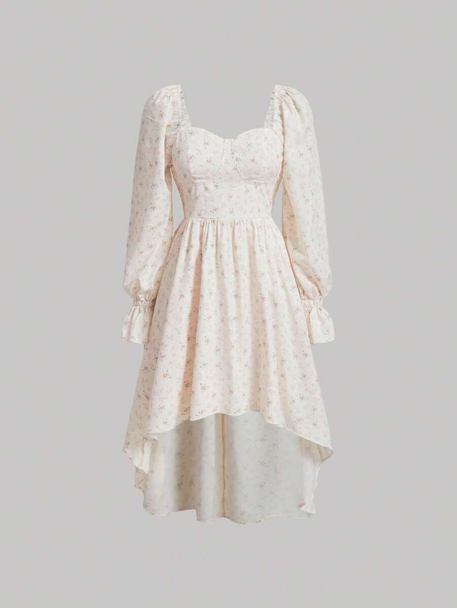 SHEIN MOD 波西米亞揉皺 前短後長 打褶小碎花女士連衣裙