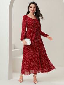 Modelyn 波卡圓點雞心領口繫腰帶連衣裙 - 酒紅色 - 查看 1