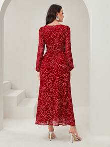 Modelyn 波卡圓點雞心領口繫腰帶連衣裙 - 酒紅色 - 查看 2