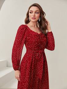 Modelyn 波卡圓點雞心領口繫腰帶連衣裙 - 酒紅色 - 查看 4