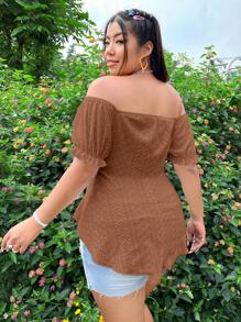 SHEIN Essnce Plus Off Shoulder Drawstring Front Puff Sleeve Asymmetrical Hem Tee - Brown - View 2