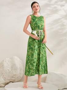Seusyu Floral Print Belted Dress - Green - View 3