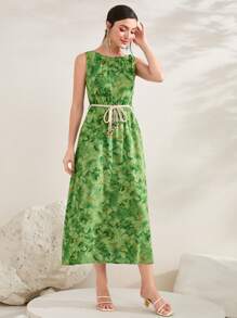 Seusyu Floral Print Belted Dress - Green - View 6