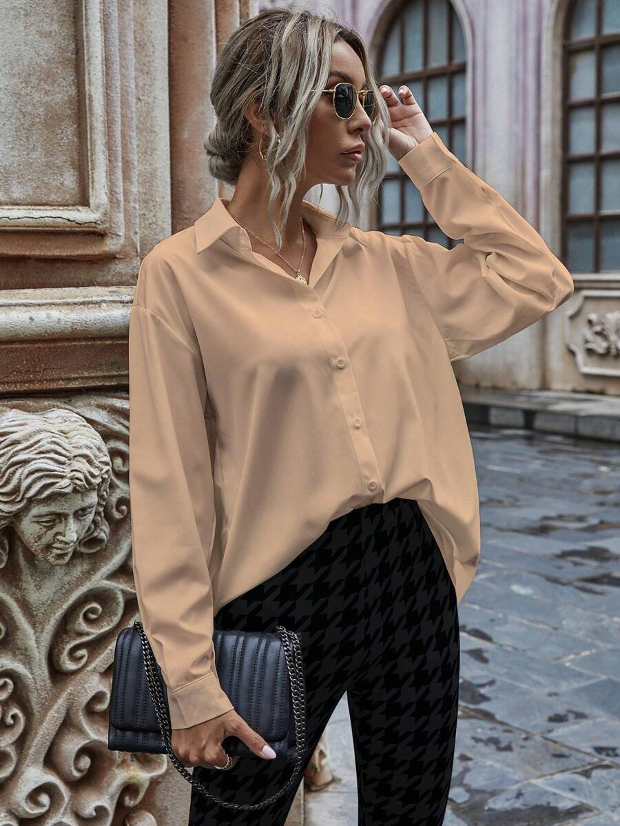 SHEIN LUNE Chất rắn Nút phía trước Thả vai Áo sơ mi - Màu Khaki - Xem 1