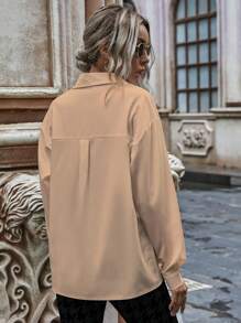 SHEIN LUNE Chất rắn Nút phía trước Thả vai Áo sơ mi - Màu Khaki - Xem 2