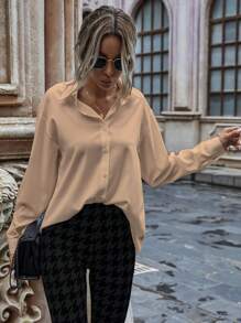 SHEIN LUNE Chất rắn Nút phía trước Thả vai Áo sơ mi - Màu Khaki - Xem 3