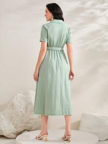 Modelyn 西裝領腰帶襯衫洋裝