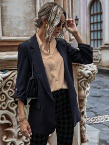 SHEIN LUNE Chất rắn Nút phía trước Thả vai Áo sơ mi - Màu Khaki - Xem 4