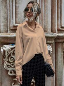 SHEIN LUNE Chất rắn Nút phía trước Thả vai Áo sơ mi - Màu Khaki - Xem 5