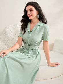 Modelyn 西裝領腰帶襯衫洋裝