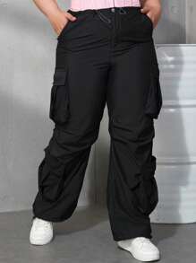 Plus Size Y2K Streetwear Flap Pocket Drawstring Waist Cargo Pants, Wide Leg Loose Parachute Pants, Multi-Pocket Women - Black - View 1