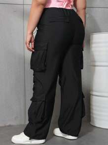 Plus Size Y2K Streetwear Flap Pocket Drawstring Waist Cargo Pants, Wide Leg Loose Parachute Pants, Multi-Pocket Women - Black - View 2