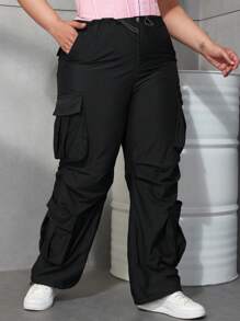 Plus Size Y2K Streetwear Flap Pocket Drawstring Waist Cargo Pants, Wide Leg Loose Parachute Pants, Multi-Pocket Women - Black - View 3