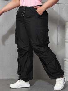 Plus Size Y2K Streetwear Flap Pocket Drawstring Waist Cargo Pants, Wide Leg Loose Parachute Pants, Multi-Pocket Women - Black - View 4