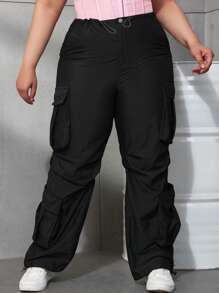 Plus Size Y2K Streetwear Flap Pocket Drawstring Waist Cargo Pants, Wide Leg Loose Parachute Pants, Multi-Pocket Women - Black - View 5