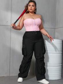 Plus Size Y2K Streetwear Flap Pocket Drawstring Waist Cargo Pants, Wide Leg Loose Parachute Pants, Multi-Pocket Women - Black - View 6