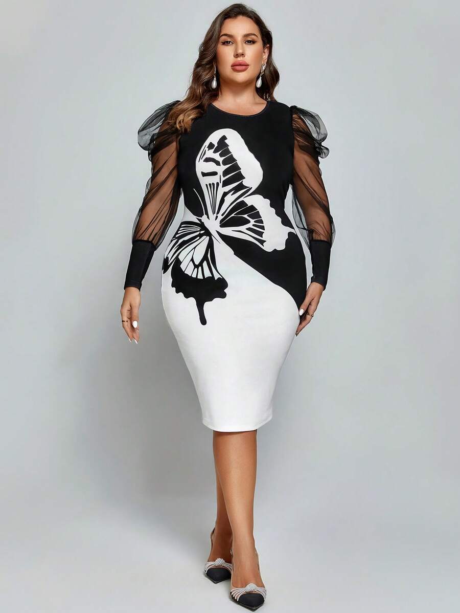 SHEIN Clasi 大碼蝴蝶圖案網紗拼接羊腿袖緊身連衣裙 - 黑與白 - 查看 1