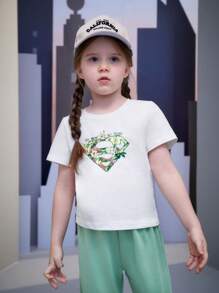 SUPERMAN X SHEIN Young Girl Floral & Slogan Graphic Tee - White - View 5