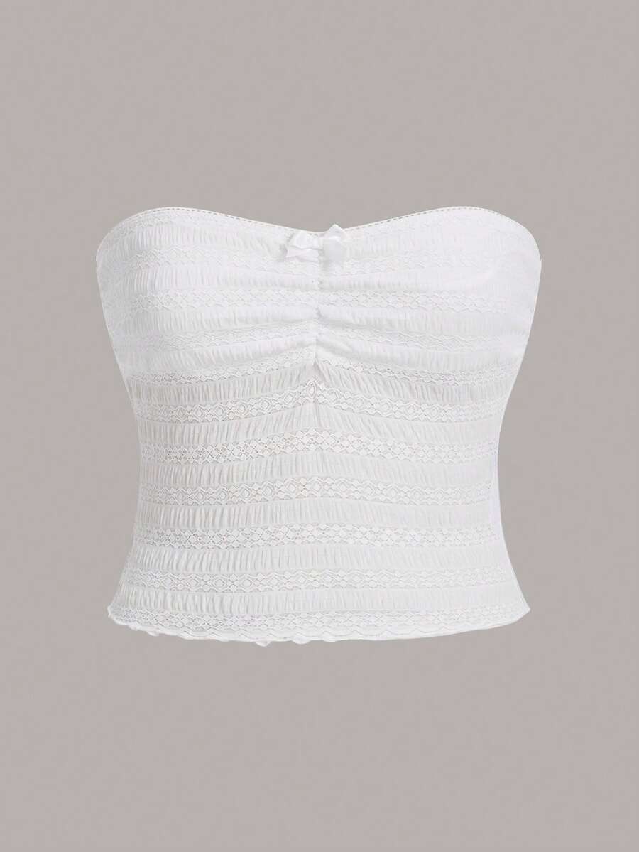 SHEIN EZwear Atasan Wanita Busur Ruched Plain Casual - Putih - View 1