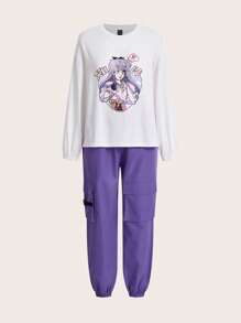 SHEIN EZwear Cartoon Graphic Drop Shoulder Top & Flap Pocket Cargo Trousers - Multicolor - View 1