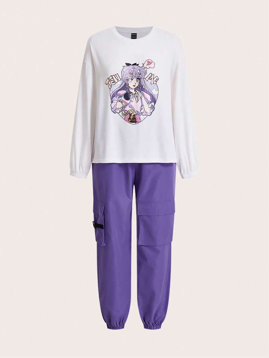 SHEIN EZwear Cartoon Graphic Drop Shoulder Top & Flap Pocket Cargo Trousers - Multicolor - View 1