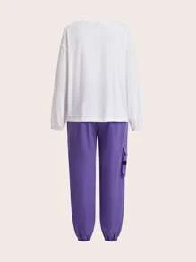 SHEIN EZwear Cartoon Graphic Drop Shoulder Top & Flap Pocket Cargo Trousers - Multicolor - View 2