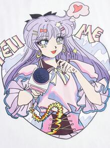 SHEIN EZwear Cartoon Graphic Drop Shoulder Top & Flap Pocket Cargo Trousers - Multicolor - View 3