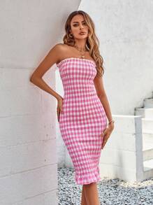 Aveloria Gingham Print Ruffle Hem Tube Bodycon Dress - Hot Pink - View 4