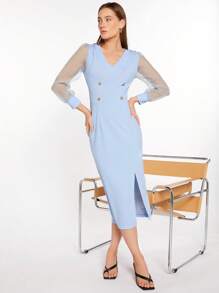 BizChic Contrast Mesh Double Breasted Split Thigh Dress Workwear