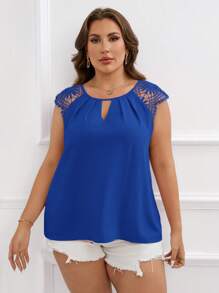 SHEIN Clasi Plus Contrast Lace Keyhole Neckline Plicated Detail Blouse - Royal Blue - View 5