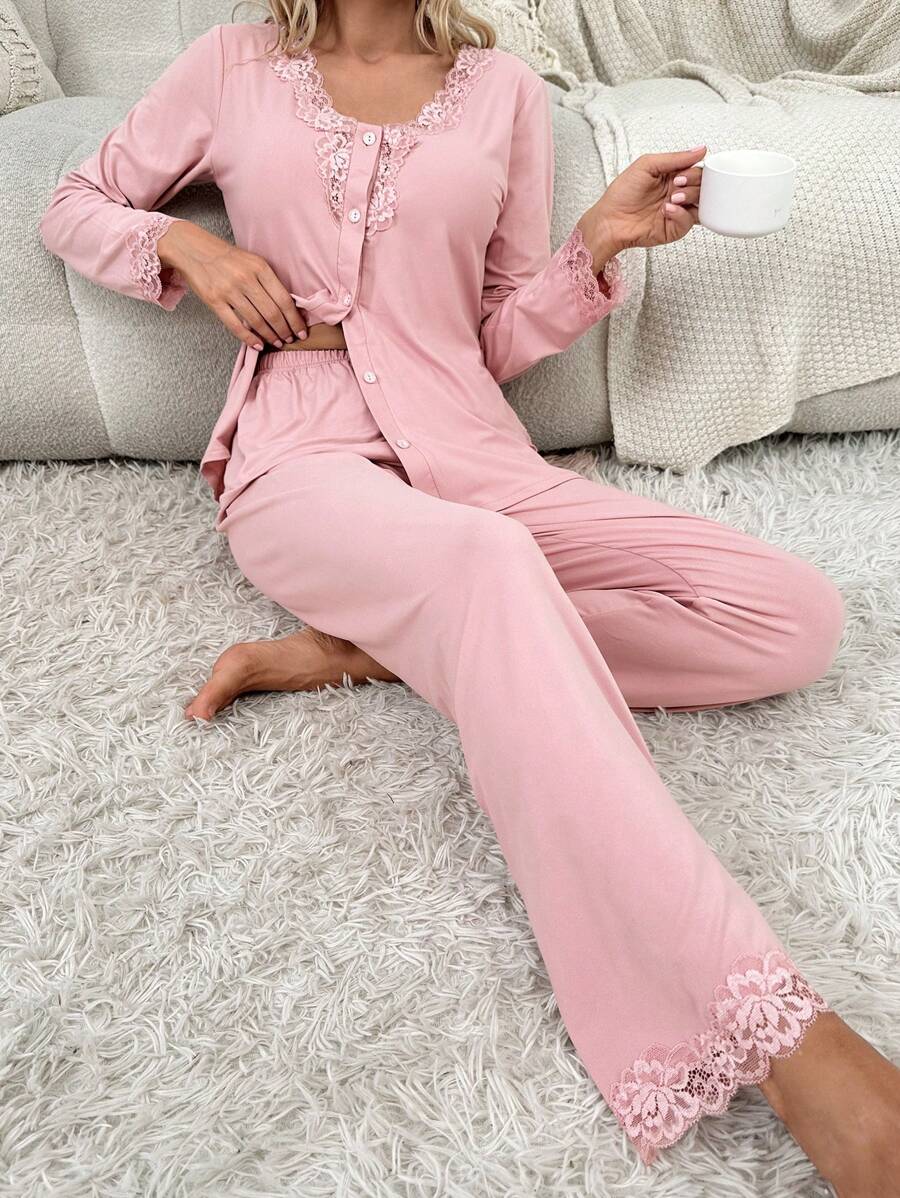 Contrast Lace Button Front Top & Pants PJ Set / Pajama Set, Fall Winter Clothes - Dusty Pink - View 1