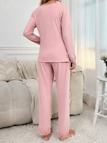 Contrast Lace Button Front Top & Pants PJ Set / Pajama Set, Fall Winter Clothes - Dusty Pink - View 2
